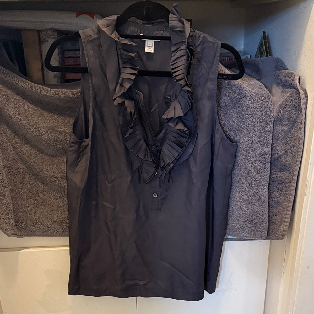 J Crew Ruffled Sleeveless Silk Blouse in Dark Gray